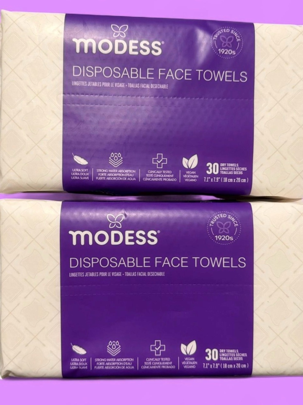Modess Disposable Face Towels 2 pack - Purple - 30 Count each